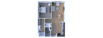 A top-down view of a small, neatly organized apartment with a bed, a desk, a kitchenette, and a dining area.