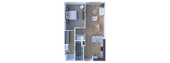 A top-down view of a small apartment with a bedroom, living room, and kitchen.