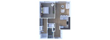 A top-down view of a small apartment with a bedroom, living room, and kitchen.