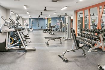 a gym with weights and cardio equipment on the floor and a wall of mirrors