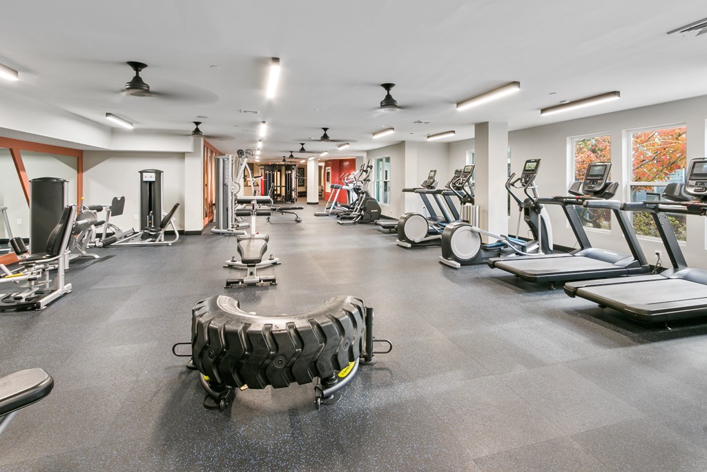 the gym with treadmills and other exercise equipment at the belgard apartments