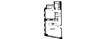 A floor plan of a house with a kitchen, living room, and bathroom.