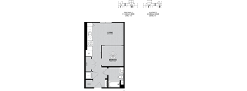 A floor plan of a living space with a bedroom and bathroom.