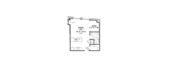 A floor plan of a studio apartment with a kitchen area and a nook.