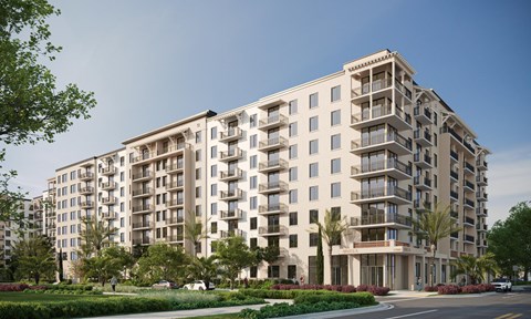 a rendering of a large apartment building on a city street