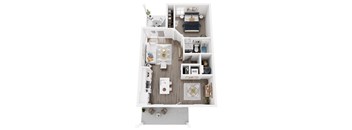 A top-down view of a small apartment with a kitchen, living room, and bedroom.