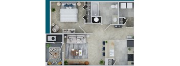 A top-down view of a modern, well-organized bedroom and living area.
