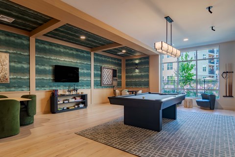 A room with a pool table and a television.
