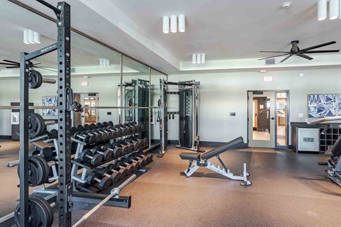 A spacious gym with a variety of equipment including a squat rack, bench, and weights.