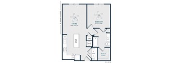 A floor plan of a small apartment with a living room, bedroom, and walk-in closet.