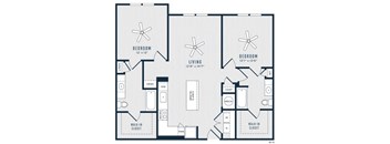 A black and white image of a house floor plan with two bedrooms, a living room, a dining room, a kitchen, a walk-in closet, and a chef's island.