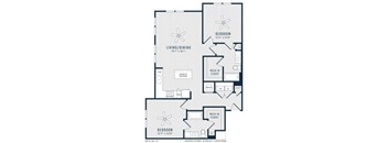 A floor plan of a two bedroom apartment with living and dining areas.