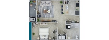 A top-down view of a modern, minimalist living space with a kitchen, dining area, and bedroom.