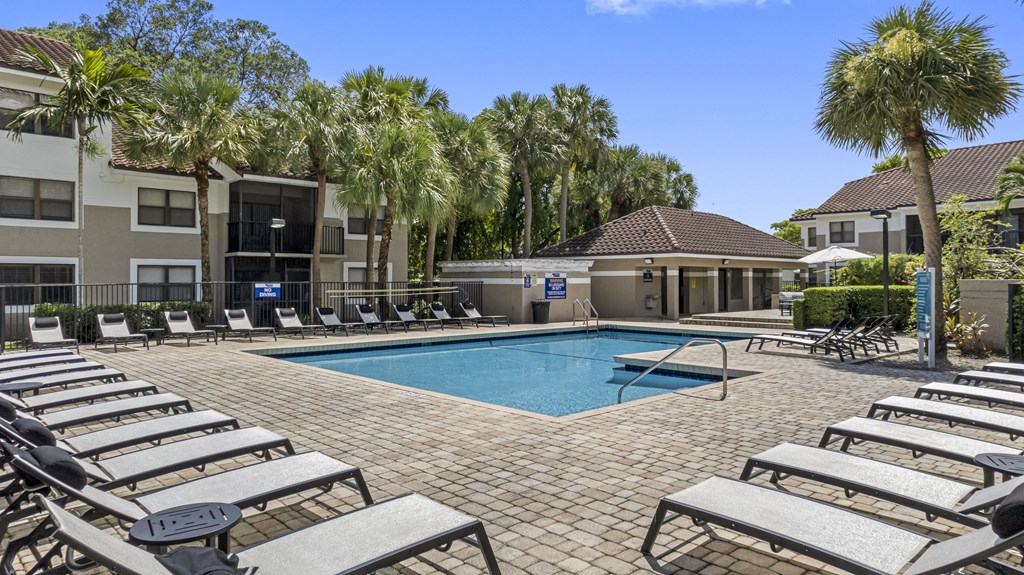 a swimming pool with chaise lounge chairs and palm trees in the background