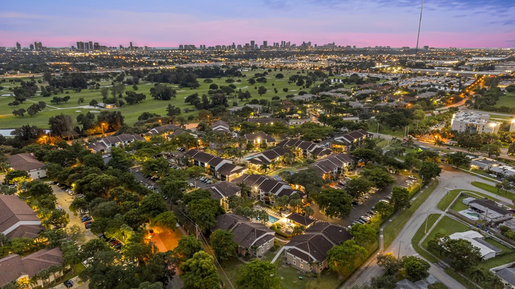 an aerial view of a neighborhood at dusk with the city skyline in the background