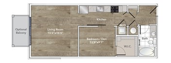 A floor plan of a small apartment with a living room, bedroom, kitchen, and bathroom.