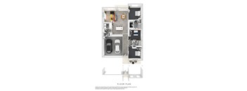 a floor plan of a 1 bedroom floor plan with a car parked in the garage