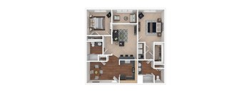 A top-down view of a house layout with a kitchen, living room, dining room, and bathroom.
