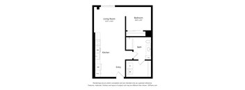 A floor plan of a small apartment with a living room, bedroom, kitchen, bathroom, and entry.