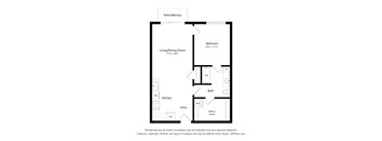 A floor plan of a small apartment with a living room, dining room, kitchen, bathroom, and bedroom.