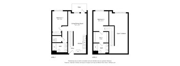 A floor plan shows two levels of a house with two bedrooms, a living/dining room, a kitchen, bathrooms, and a patio.