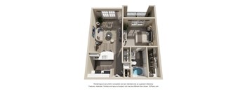 A 3D floor plan of a house showing a kitchen, living room, and bathroom.