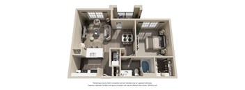 A 3D floor plan of a house with a kitchen, living room, and bathrooms.