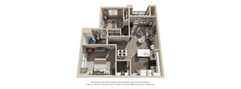 A 3D floor plan of a house with a kitchen, living room, and bathroom.
