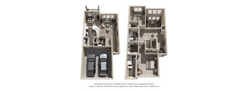 Two floor plans of a house with a garage and a living room.