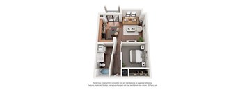 A 3D floor plan of a small apartment with a kitchen, living room, and bathroom.