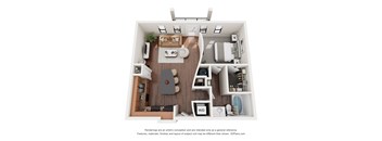 A 3D floor plan of a small apartment with a kitchen, living room, and bedrooms.