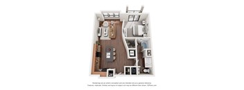 A 3D floor plan of a small apartment with a kitchen, living room, and bathroom.