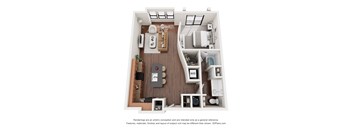 A 3D floor plan of a small apartment with a kitchen, living room, and bedroom.
