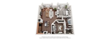 A 3D floor plan of a house with a kitchen, living room, and bedrooms.