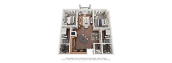 A 3D floor plan of a house with a kitchen, living room, and two bedrooms.