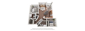 A 3D floor plan of a house with a kitchen, living room, and two bedrooms.