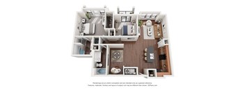 A 3D floor plan of a house with a kitchen, living room, and bedrooms.