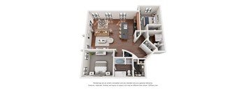A 3D floor plan of a house with a kitchen, living room, and bedrooms.