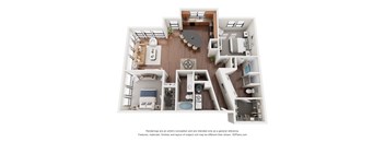 A 3D floor plan of a house with a kitchen, living room, and bathroom.