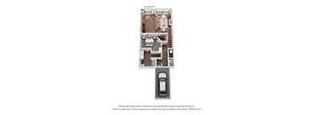 A 3D floor plan of a house with a car parked outside.