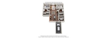 A 3D floor plan of a house with a car parked in the driveway.