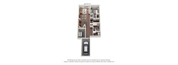 A 3D floor plan of a house with a car parked in the driveway.