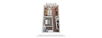 A 3D floor plan of a small apartment with a kitchen, living room, and bathroom.