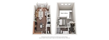 A floor plan of a small apartment with a kitchen, living room, and bathroom.