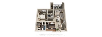 A 3D floor plan of a house with a kitchen, living room, and bathrooms.
