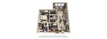 A 3D floor plan of a house with labeled rooms.