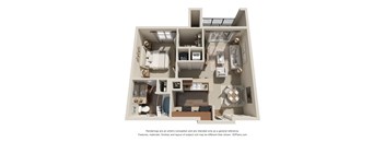 A 3D floor plan of a house with a kitchen, living room, and bathroom.