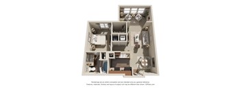 A 3D floor plan of a house with a kitchen, living room, and bathrooms.