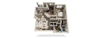 A 3D floor plan of a house with a kitchen, living room, and bathrooms.