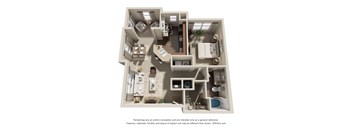 A 3D floor plan of a house with a kitchen, living room, and bathrooms.